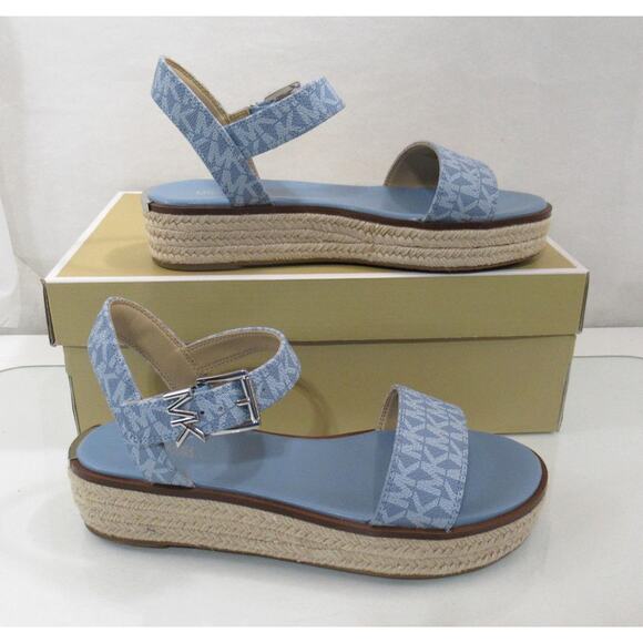 Michael Kors Richie Espadrille Platform Wedge Sandals MK Logo Blue - Picture 3 of 8